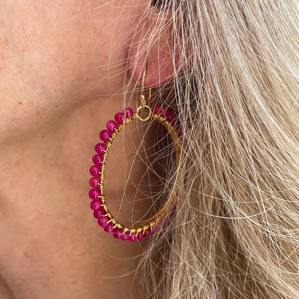 Genuine Ruby Gemstone Gold Wrapped Hoop Earrings